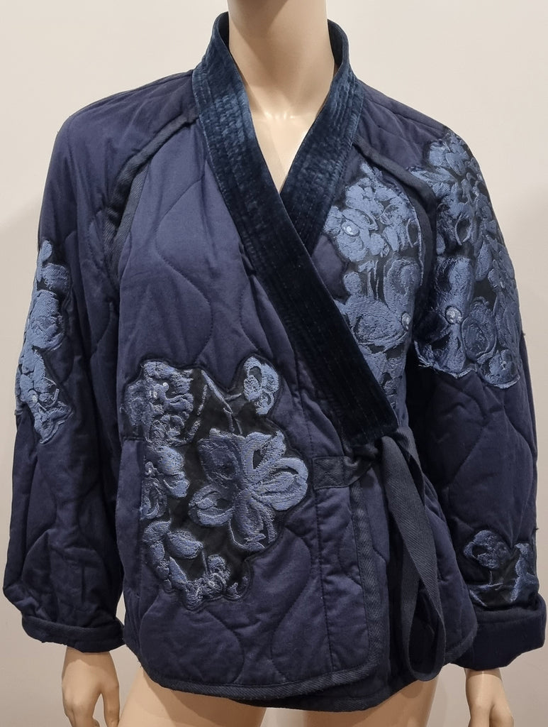 3.1 PHILLIP LIM Blue Cotton V Neck Wrap Tie Closure Padded Floral Kimono Jacket