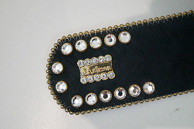 B.B.SIMON Black Fur Gold Tone Hardware & Swarvoski Crystal Embellished Belt XL