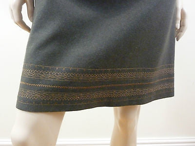 GERSON DI SANTO Olive Green Wool Bronze Embroidery Detail Short Formal Skirt SzM