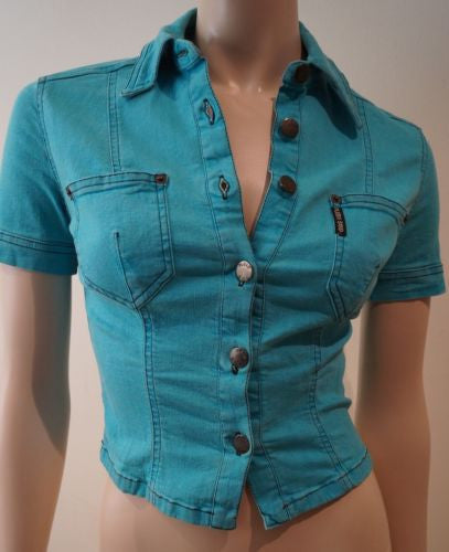 PLEIN SUD Blue Cotton Stretch Collared Short Sleeve Fitted Blouse Shirt Top 40/8