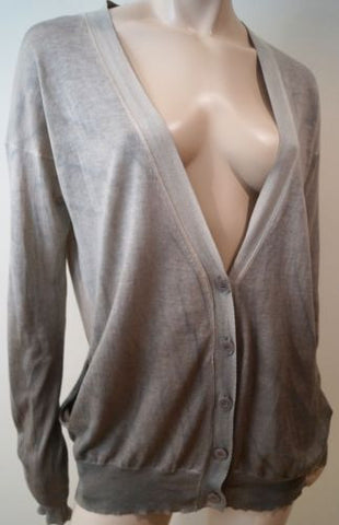 DUFFY Pale Grey & Cream Trim Cashmere Open Front Sleeveless Knitwear Cardigan L