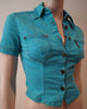 PLEIN SUD Blue Cotton Stretch Collared Short Sleeve Fitted Blouse Shirt Top 40/8