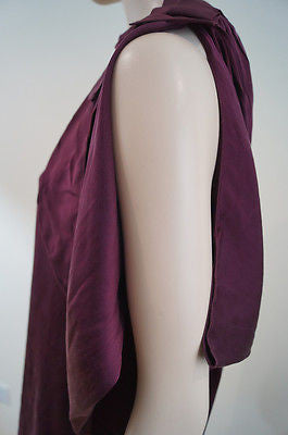 ELIE TAHARI Burgundy Plum Stretch Silk One Bow Shoulder Embellished Blouse Top M