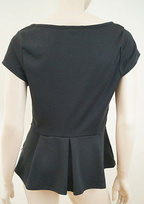 TAHARI Women's Black Scoop Neck Short Sleeve Pleated Peplum Top M