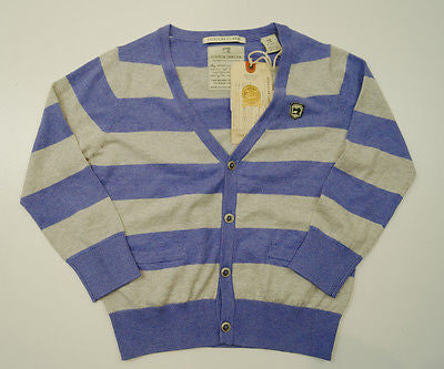 SCOTCH SHRUNK Boy's Purple & Grey Stripe Knitted Cotton V Neck Cardigan Top BNWT
