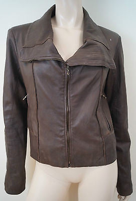 DOM & RUBY Women's Brown Leather Large Collar Fitted Zipper Biker Jacket UK14