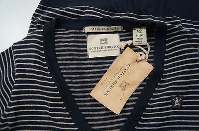 SCOTCH SHRUNK Boy's Navy & Cream Stripe Knitted Cotton V Neck Cardigan Top BNWT
