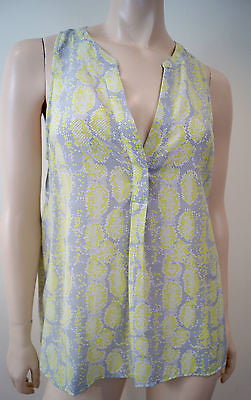JOIE Grey Lime Green & White 100% Silk Geometric Print V Neck Sleeveless Top M