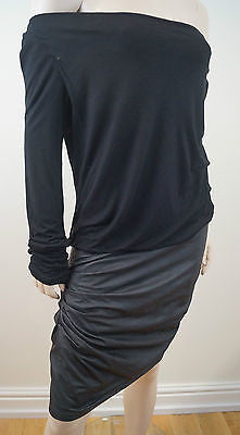JAY AHR Black Viscose & Silk Cowl Neck Long Sleeve Leather Skirt Dress Sz:L