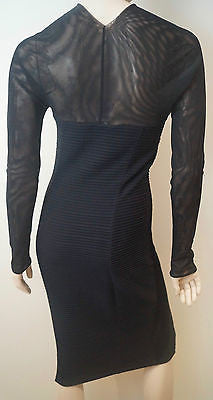 WOLFORD Black Sheer Neckline & Long Sleeves Chunky Rib Fitted Pencil Dress Sz:S
