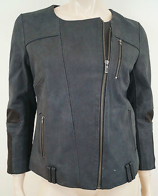 FRANCIS LEON Women's Black Round Neck Leather Fitted Zipper Biker Jacket S BNWT