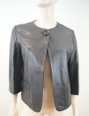 BURBERRY Women's Chocolate Brown Round Neck 3/4 Sleeve Leather Jacket Sz:S