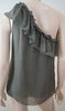 MILLY OF NEW YORK Khaki Olive Green Silk Ruffle Trim One Shoulder Top US8 UK12