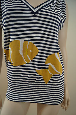 FARHI By NICOLE FARHI Navy White Stripe Fish Detail Cotton Knit Sleeveless Top M