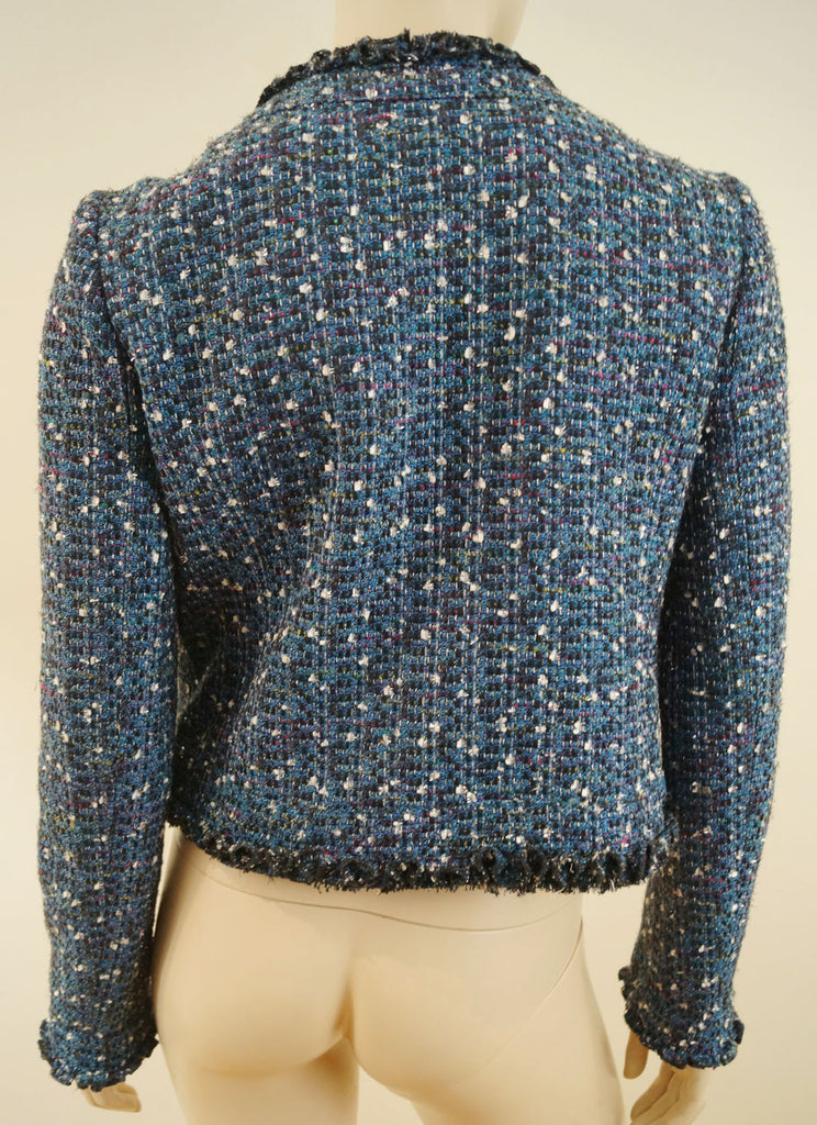 TORY BURCH Blue & Silver Metallic Boucle Tweed Long Sleeve Cropped Jacket UK10