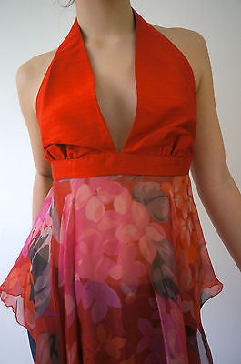 BORHAM BASMA UK Designer Red Silk Fitted Halter Neck Backless Party Top XS