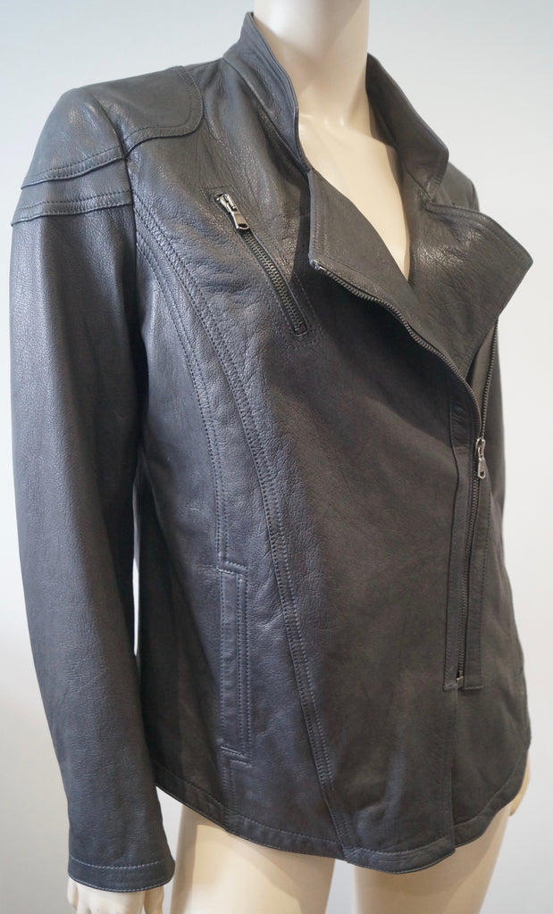 POETRY Grey Leather Collarless Lapels Zipper Fastened Lined Biker Style Jacket