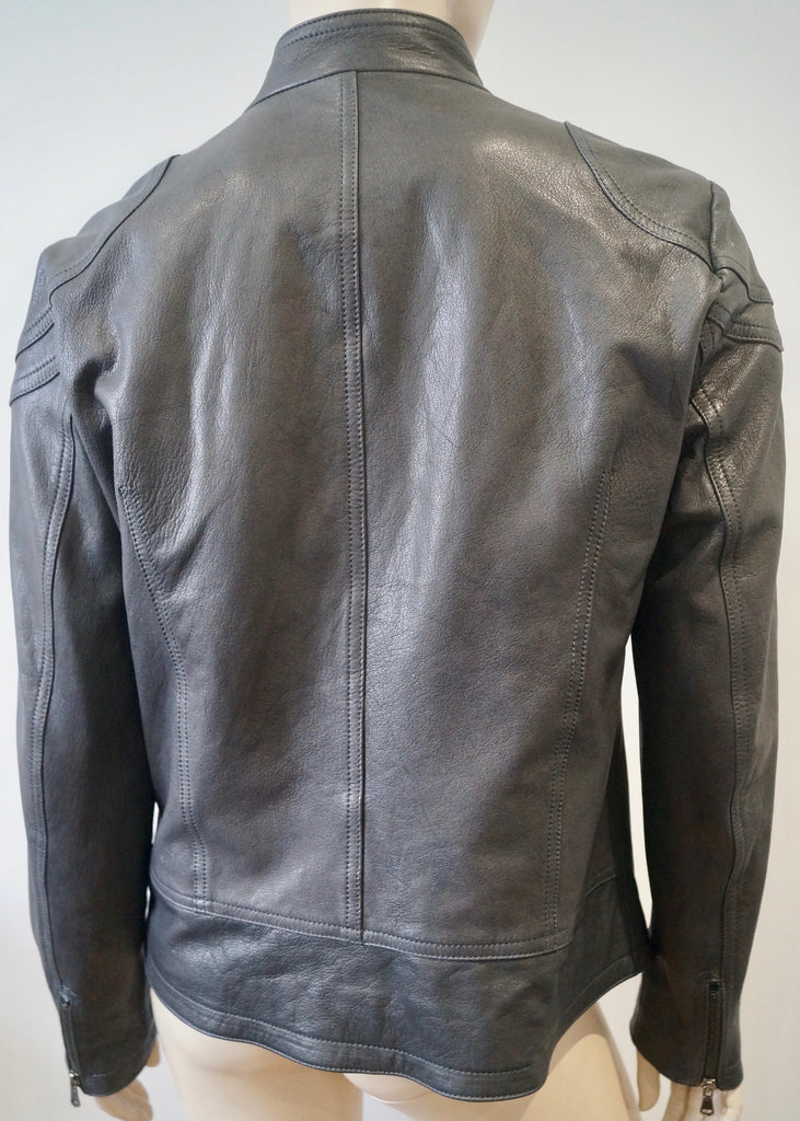 POETRY Grey Leather Collarless Lapels Zipper Fastened Lined Biker Style Jacket