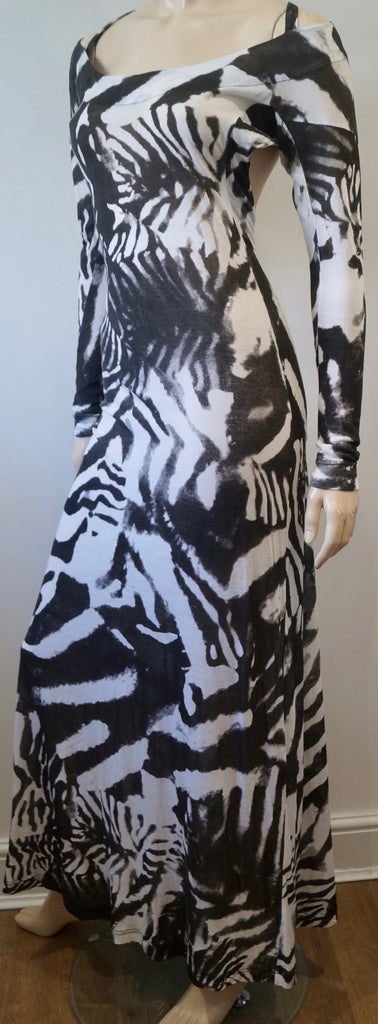 PREEN LINE Black Grey Cream Cotton Abstract Print Scoop Neck Low Rear Maxi Dress