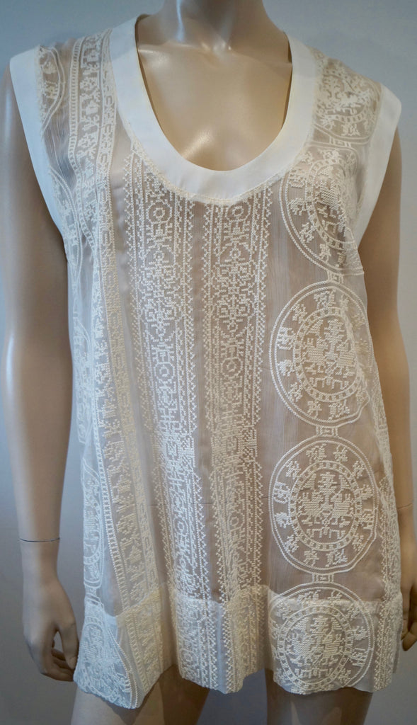 HOTEL PARTICULIER Italy Cream Sheer Cotton Embroidery Silk Trim Sleeveless Top S
