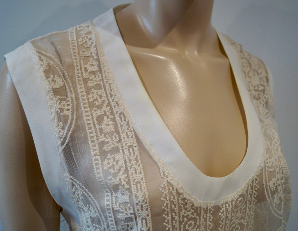 HOTEL PARTICULIER Italy Cream Sheer Cotton Embroidery Silk Trim Sleeveless Top S