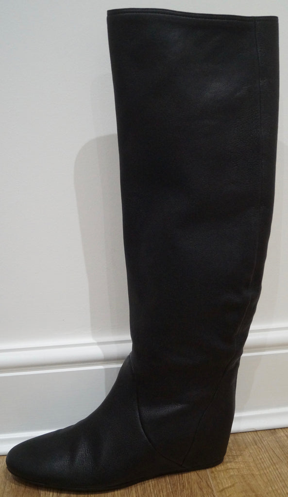 LANVIN PARIS Black Textured Leather Hidden Wedge Tall Knee Length Boots 40.5 UK7