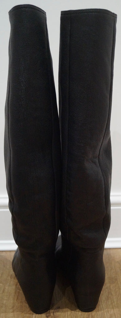 LANVIN PARIS Black Textured Leather Hidden Wedge Tall Knee Length Boots 40.5 UK7