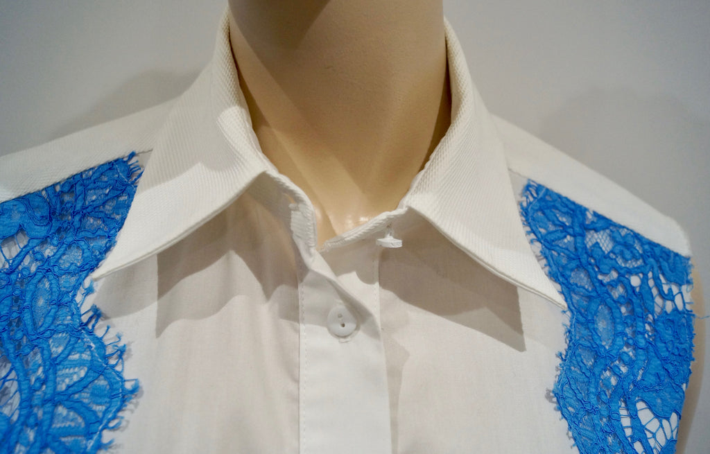 PREEN BY THORNTON BREGAZZI White Cotton Poplin Blue Lace Sleeveless Shirt Top M