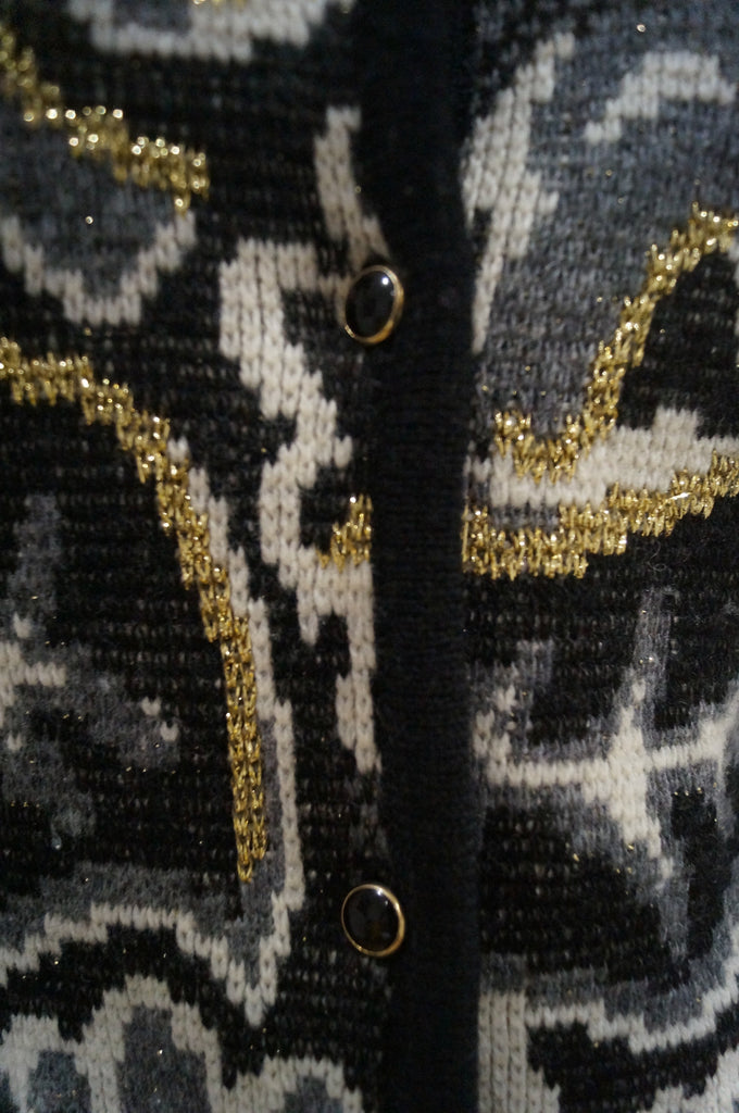 ADRIENNE VITTADINI Black Cream Grey Gold Metallic Patterned Wool Blend Cardigan