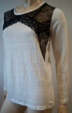 SANDRO White Linen Fine Knit Black Floral Lace Trim Long Sleeve Jumper Sweater L