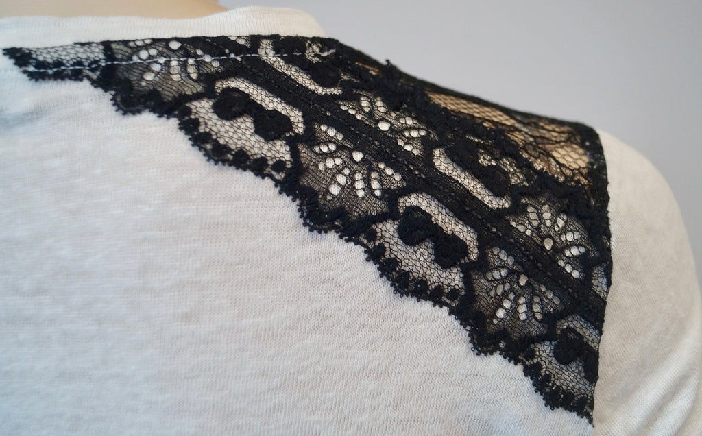 SANDRO White Linen Fine Knit Black Floral Lace Trim Long Sleeve Jumper Sweater L