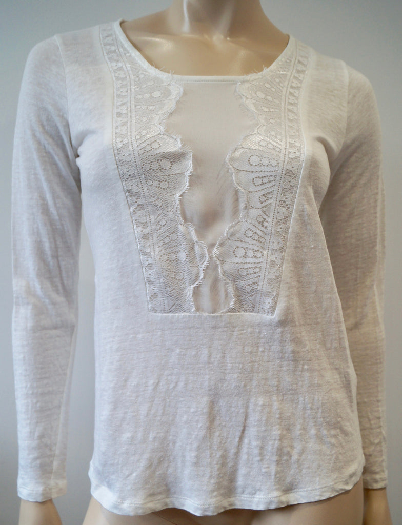 SANDRO White Fine Knit Linen Lace Centre Panel Long Sleeve Jumper Sweater Top 2;