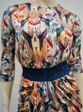 SALONI Multi Colour Silk Blue Glitter Waist 3/4 Sleeve Pleated Skirt Lined Dress