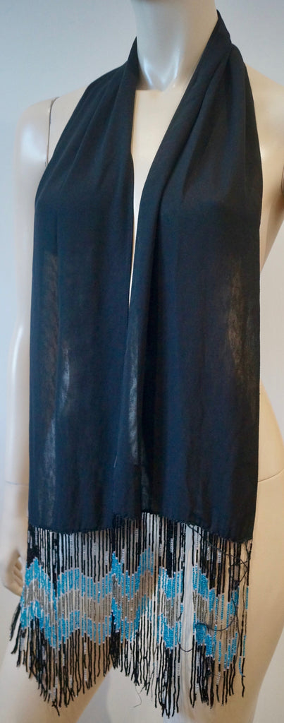 EMPORIO ARMANI Women's Black Silk Chiffon Blue Black & Clear Bead Fringed Scarf