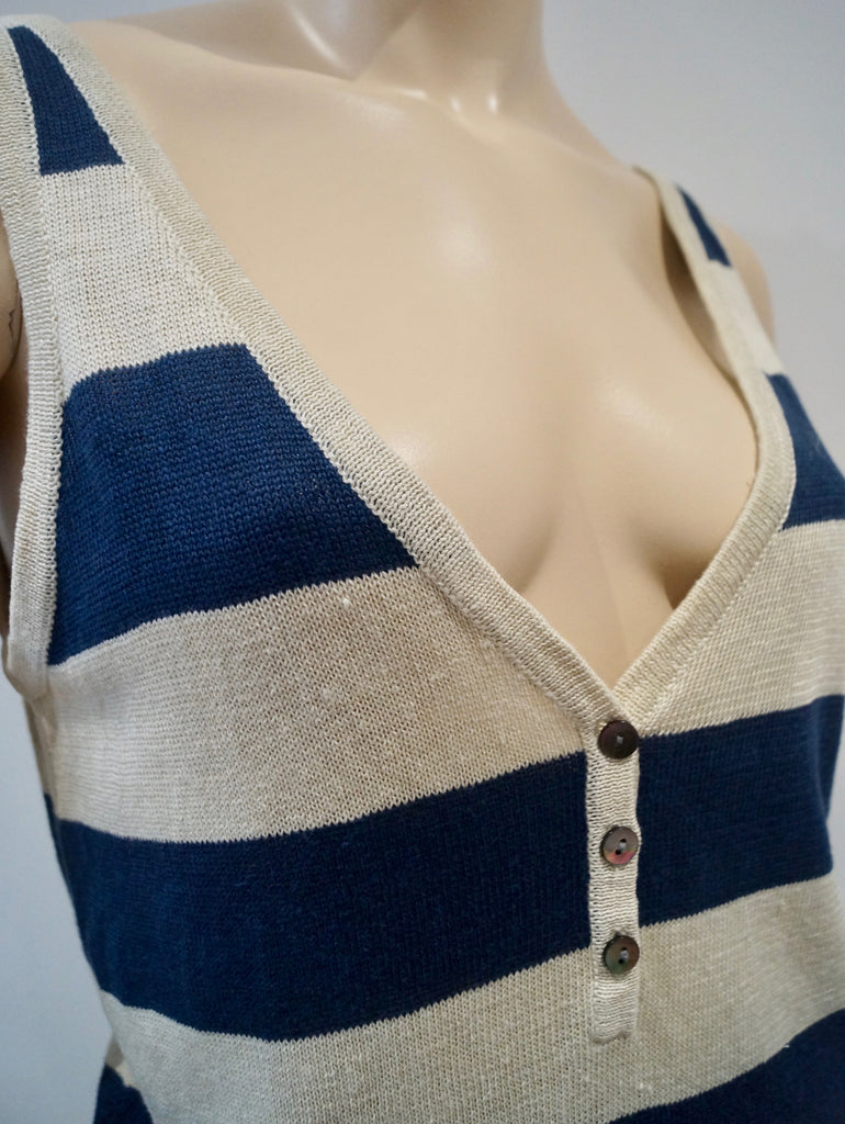 Women's Cream Navy & Red 100% Linen Striped Knitwear Tank Vest Jumper Top M