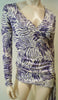 AMANDA WAKELEY Cream Purple Lilac 100% Silk V Neck Long Sleeve Wrap Tie Top UK8