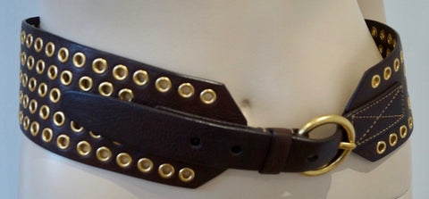 GUCCI Tan Brown Leather Large Brass Tone GG Circular Buckle Belt With Dust Bag