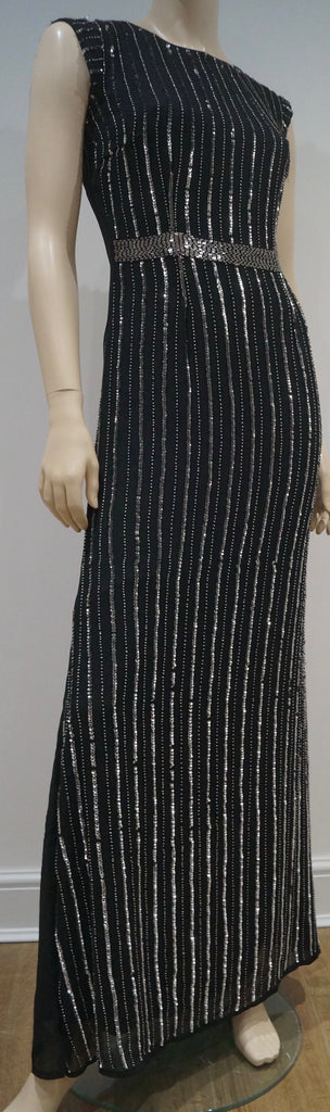 LACE & BEADS Black Silver Sequin Embellished Cap Sleeve Lined Evening Maxi Dress