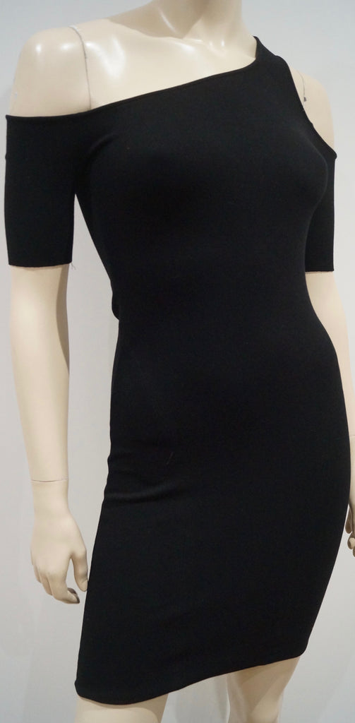 HELMUT LANG Black One Shoulder Short Sleeve Fitted Bodycon Evening Mini Dress S