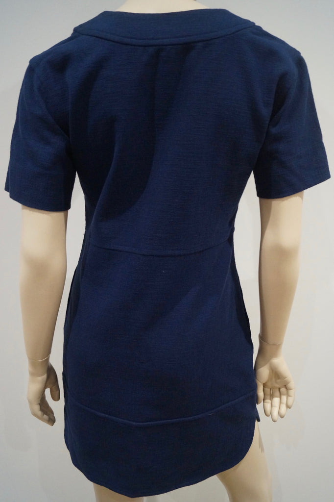PAUL & JOE SISTER Navy Blue Cotton Blend V Neck Short Sleeve Dress FR36 UK8