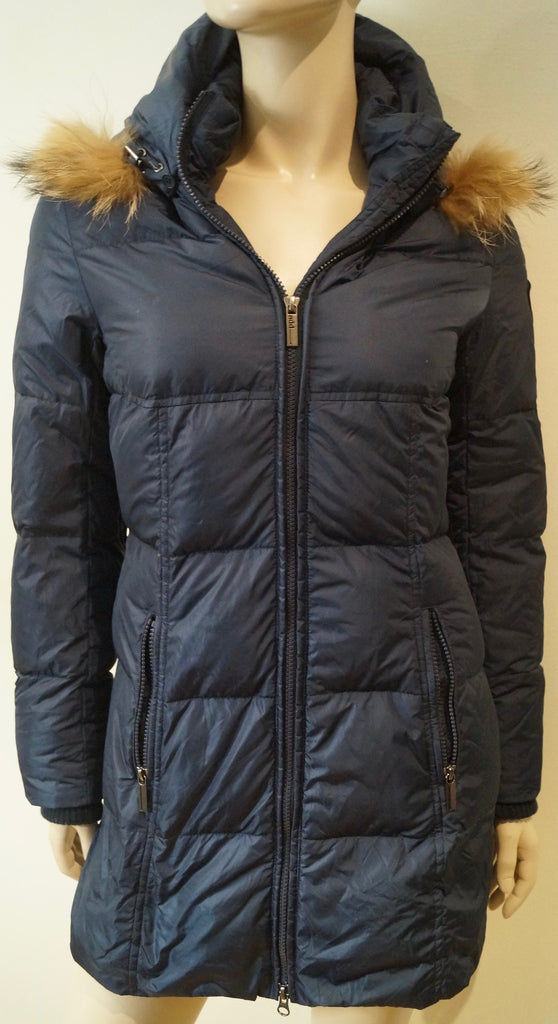 ADD Women's Navy Blue Quilted Padded Detachable Fur Trim Hooded Coat GB8