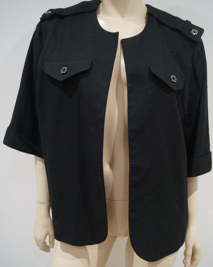 GIVENCHY EN PLUS Black 100% Cotton Open Front Short Sleeve Boxy Blazer Jacket 48