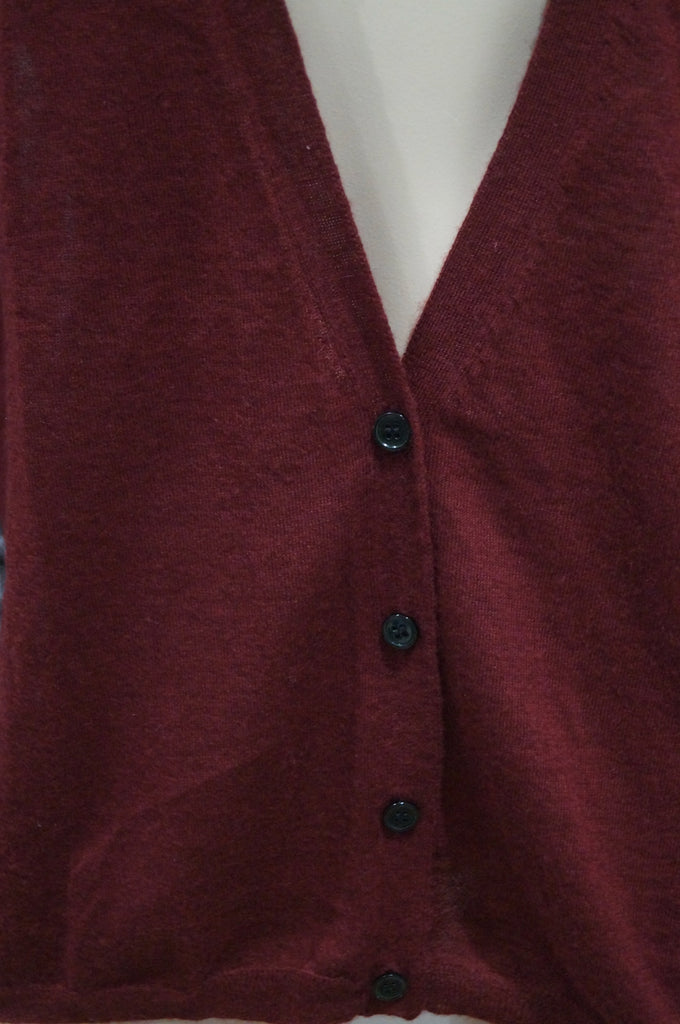 AHILYA Burgundy Red Ultra Fine Cashmere V Neckline Black Lace Rear Cardigan Top