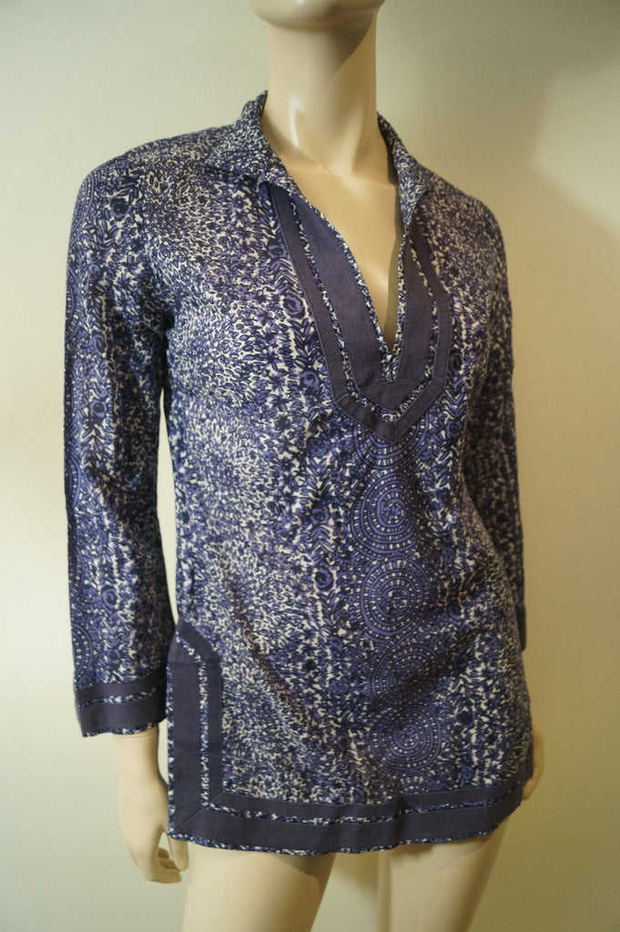 TORY BURCH Women's Blue Purple 100% Cotton Abstract Print Tunic Kaftan Top 4 UK8