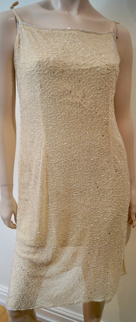ANGEL NINA Made In France Cream Sequin Embellished Sleeveless Evening Dress 3; M