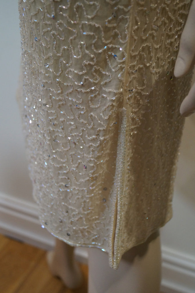 ANGEL NINA Made In France Cream Sequin Embellished Sleeveless Evening Dress 3; M