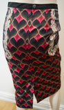 EMMA COOK Womens Red Pink Green Heart Print Lace Detail Formal Pencil Skirt UK10