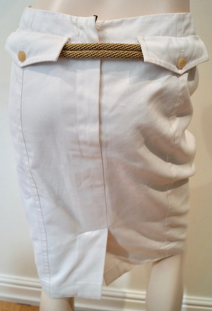 YVES SAINT LAURENT RIVE GAUCHE Cream 100% Cotton Belted Pencil Skirt 38 UK10