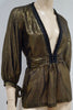 JASMINE DI MILO Gold & Black Silk Blend Sheen Plunge V Neck Belted Blouse Top 8