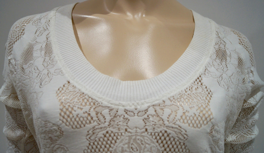 THE KOOPLES Winter White Perforated Pattern Round Neck 3/4 Sleeve Sweater Top S